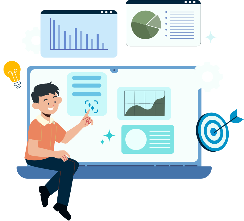 Illustration of a user interacting with a laptop displaying graphs and reports, representing InventaIQ's 3-step idea validation process: describe your idea, run a scan, and get actionable insights.