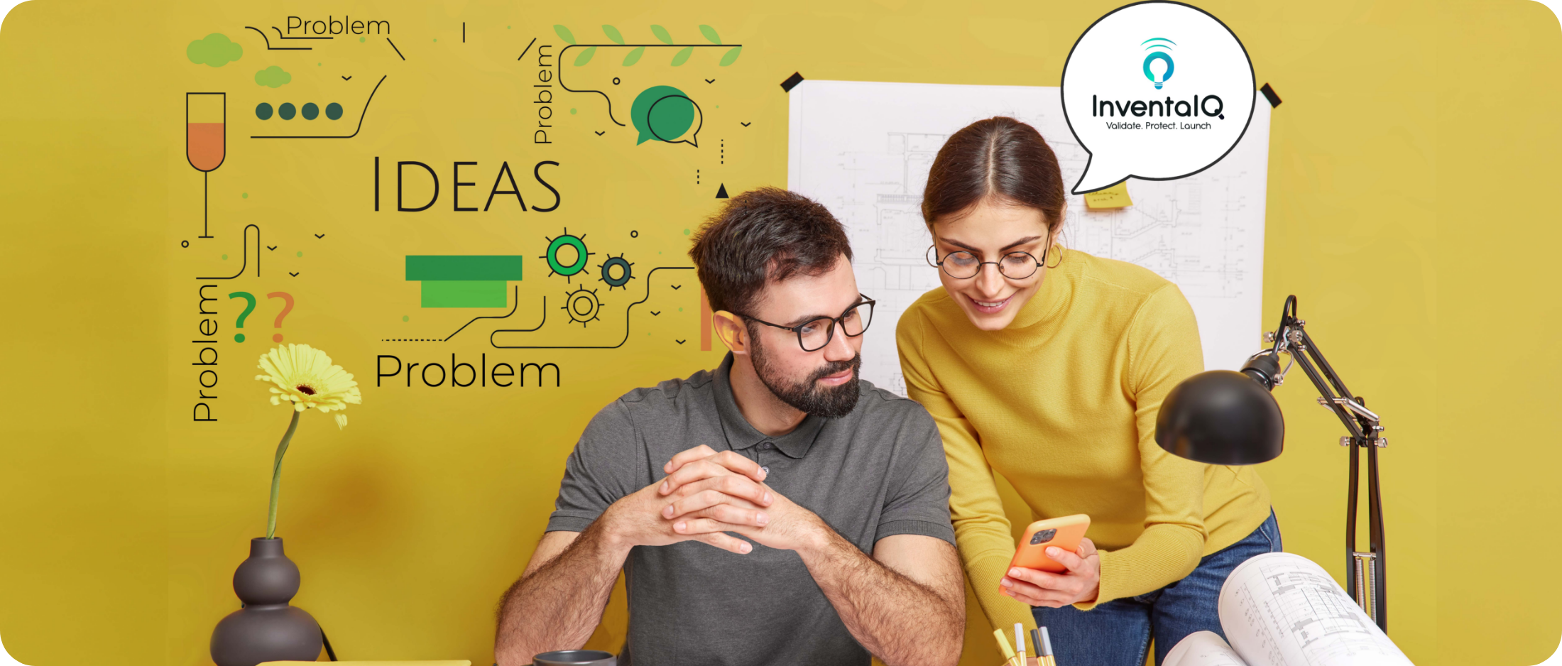 A frustrated inventor surrounded by sketches and tools, facing common challenges like patent conflicts, market demand, and prototyping mistakes—highlighting the importance of invention validation with InventaIQ.
