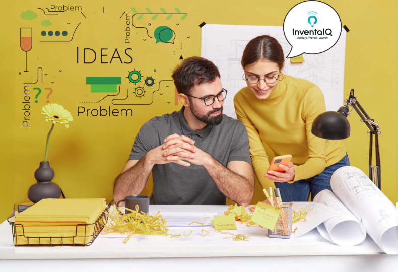 A frustrated inventor surrounded by sketches and tools, facing common challenges like patent conflicts, market demand, and prototyping mistakes—highlighting the importance of invention validation with InventaIQ.