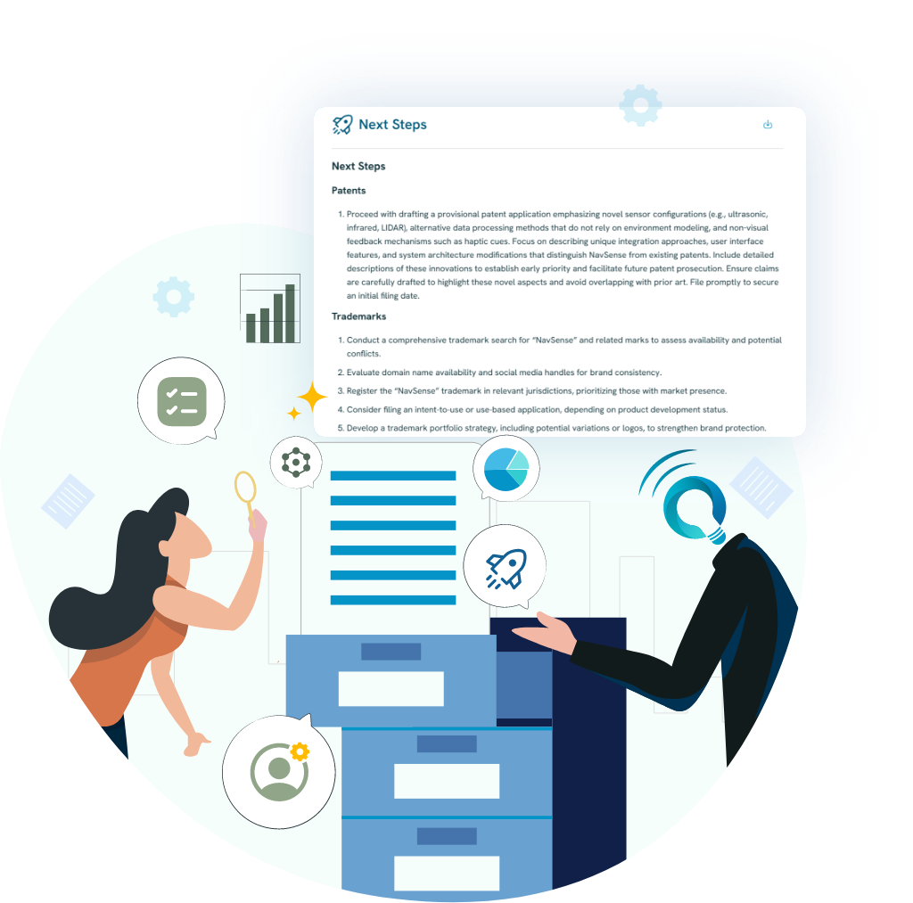 Illustration of users receiving AI-powered guided action plans and strategy suggestions for invention validation, showcasing InventaIQ’s personalized next-step recommendations.
