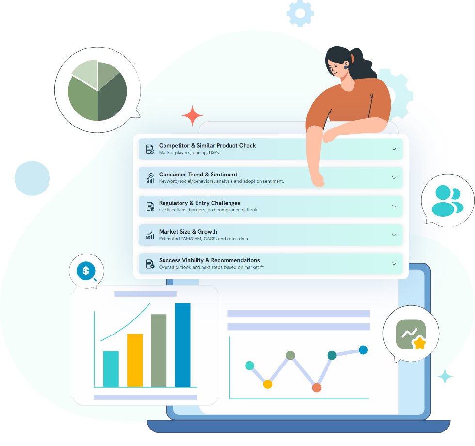 Illustration of a user analyzing market graphs on a laptop, representing InventaIQ’s AI-powered market viability scoring and competitor analysis for invention validation.