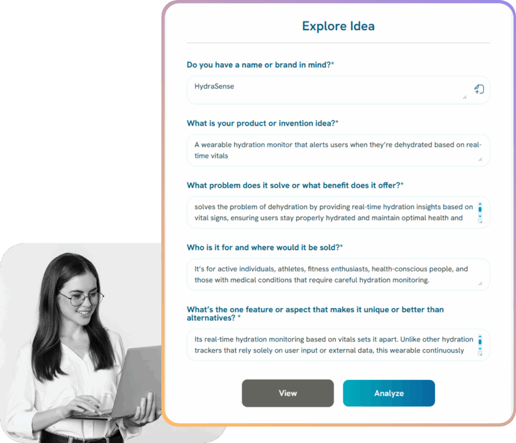 Screenshot of InventaIQ's "Explore Idea" interface showing a student's input for a wearable hydration monitor, including product name, purpose, target audience, and unique features—demonstrating how one scan provides patent, trademark, market, and regulatory insights.