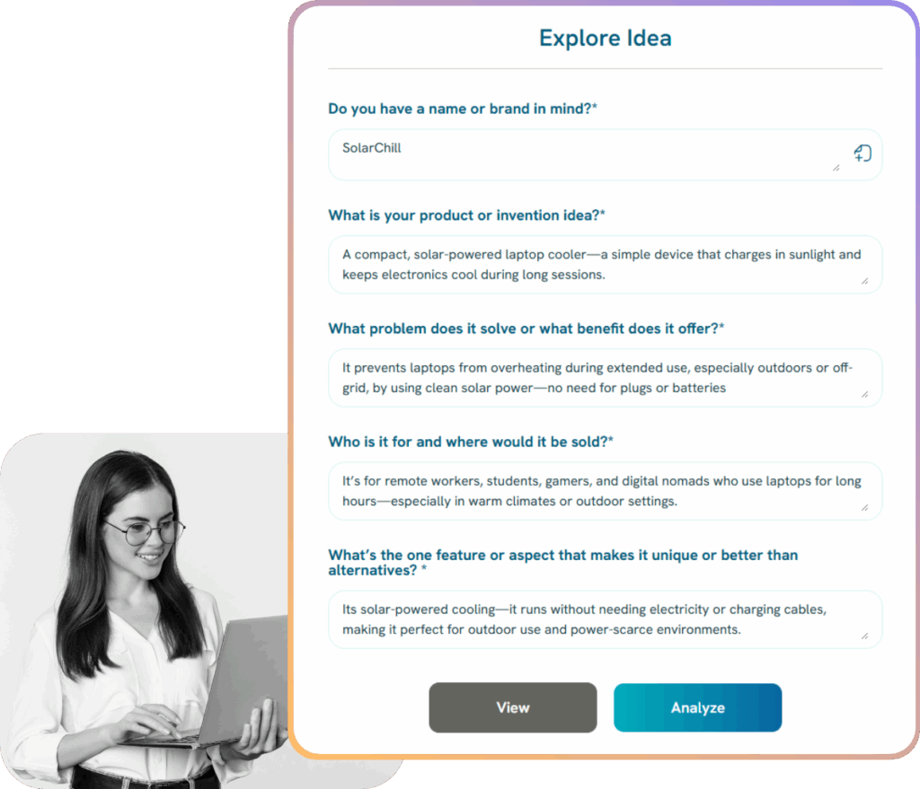 Screenshot of InventaIQ's "Explore Idea" interface showing inputs for a solar-powered laptop cooler called “SolarChill.” Demonstrates how a solo inventor like Ravi used the platform to validate his idea through patent, trademark, market, and regulatory checks—turning a prototype into an actionable plan in one evening.