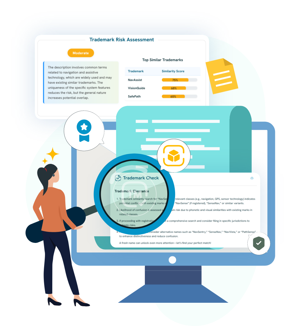 Illustration of InventaIQ’s Trademark Availability Checker interface, showing a user analyzing brand name conflicts with risk assessments, top similar trademarks, and suggestions, alongside key highlights such as multi-region analysis and conflict detection by class.