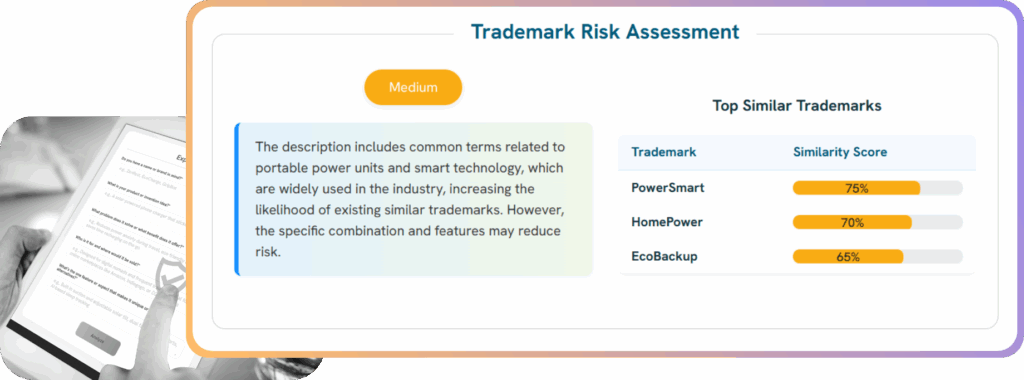 InventaIQ Trademark Risk Assessment showing a medium-risk rating due to common industry terms. Displays similar trademarks like PowerSmart (75%), HomePower (70%), and EcoBackup (65%), along with suggestions to reduce branding conflict.