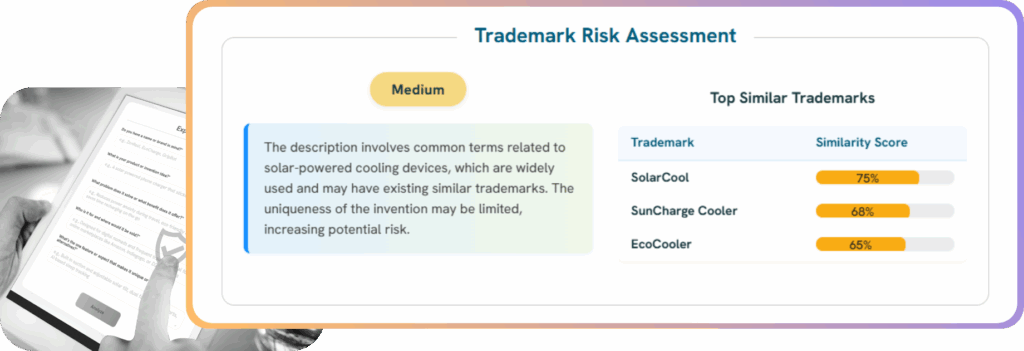 Trademark risk assessment showing a medium conflict for the name “CoolRay,” with high similarity to trademarks like “PowerSmart” and “HomePower.” InventaIQ recommends “SolChill” as a safer alternative with lower trademark overlap.
