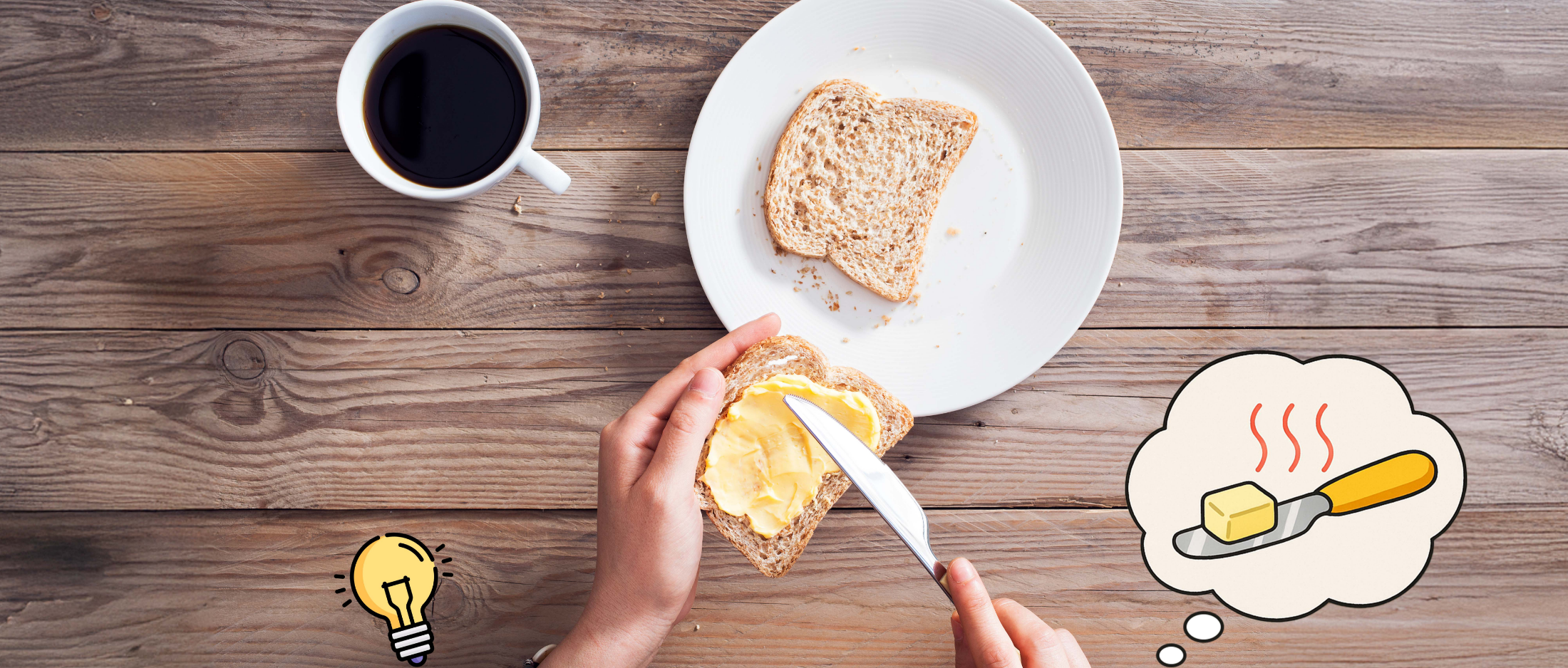 An inventor in a kitchen having a lightbulb moment while buttering toast, imagining a self-warming butter knife—representing the spark of innovation and the need for smart validation tools like InventaIQ.
