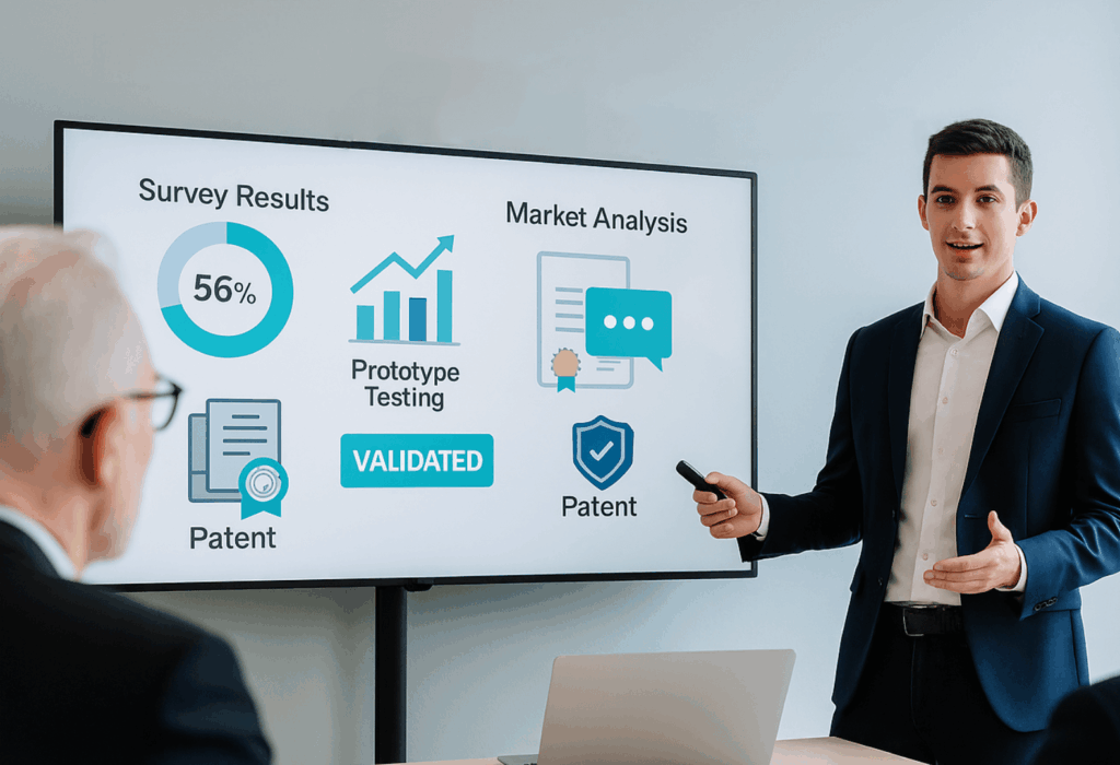 Investor reviewing product validation steps on a digital interface, including market research, prototype, competitor analysis, and user testing.