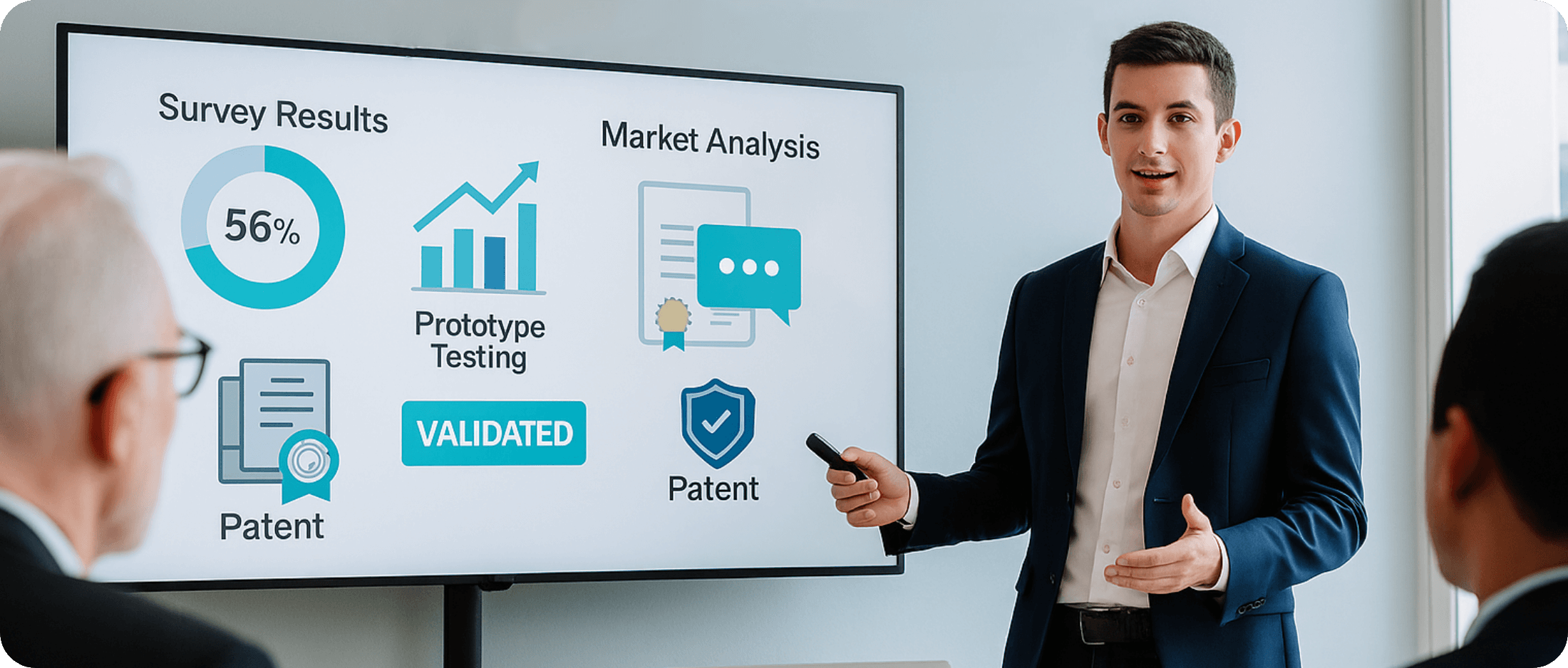 Investor reviewing product validation steps on a digital interface, including market research, prototype, competitor analysis, and user testing.
