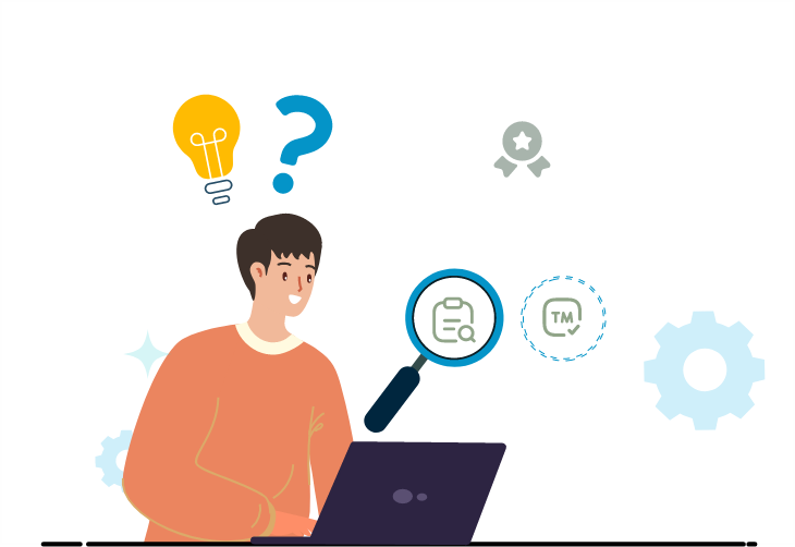 illustration of a creator using a laptop with icons for patents, trademarks, and market research to check idea viability before crowdfunding.