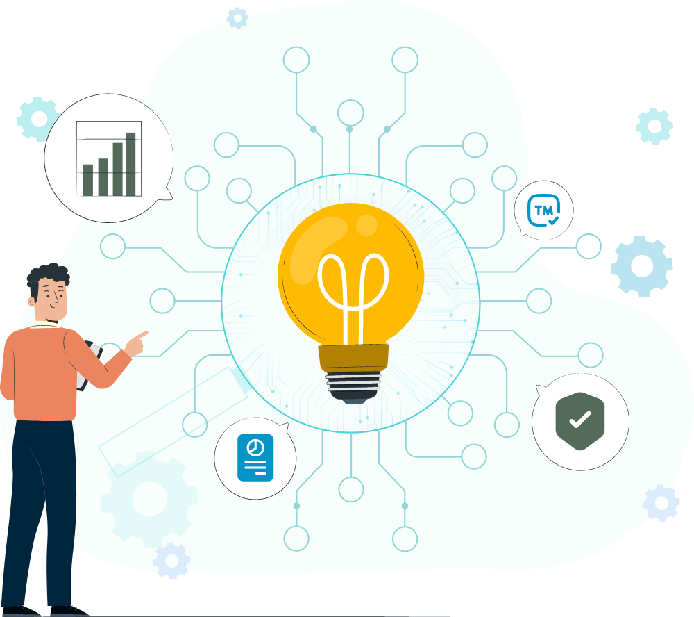 Illustration showing a person analyzing idea validation with a glowing light bulb and connected icons for growth chart, trademark, and checklist. Text reads “Validate Your Idea – Live” with features including patent and trademark scans, market and competitor analysis, success probability score, and Go/No-Go decision support.