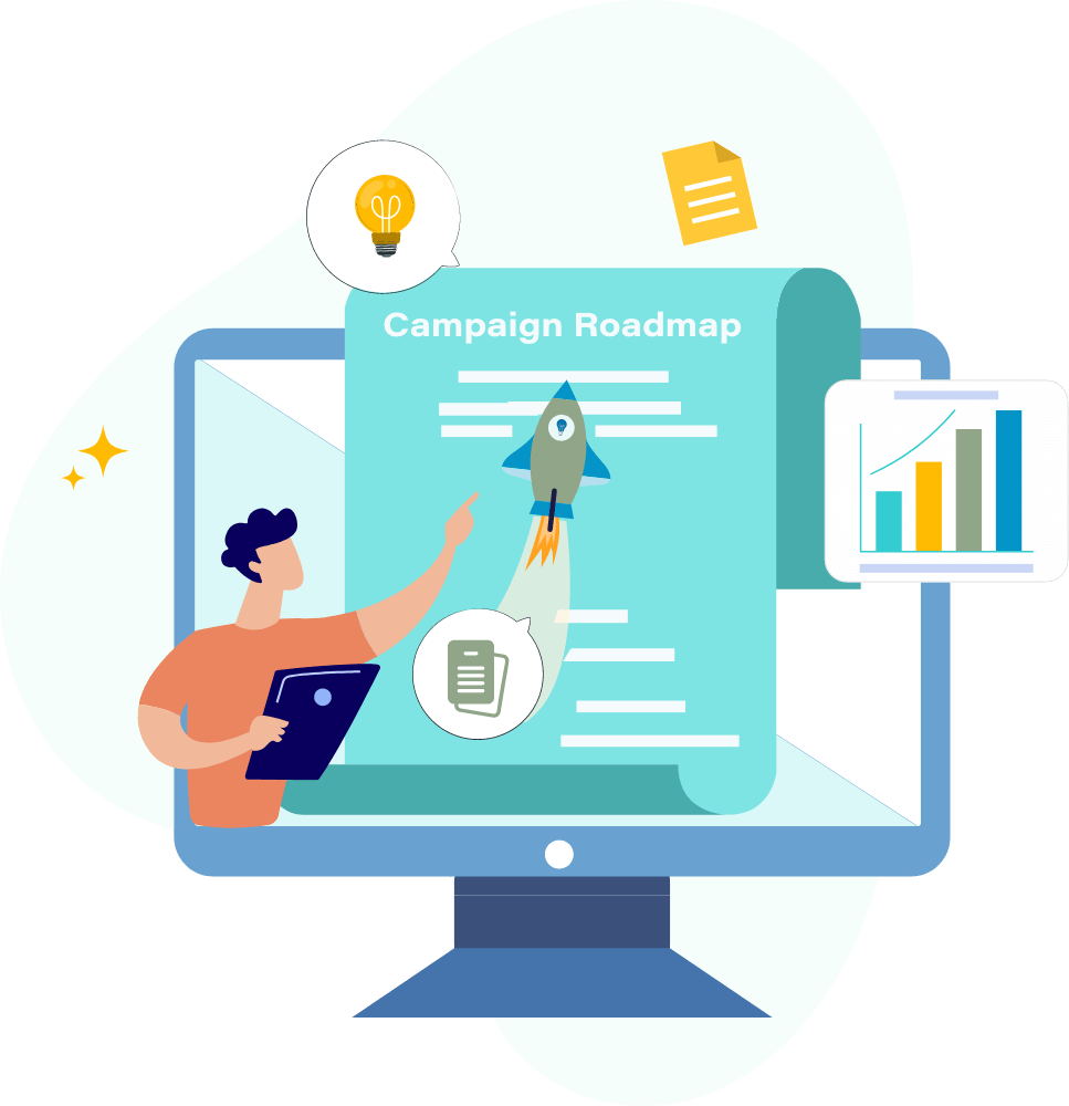 Illustration showing a person planning a crowdfunding campaign on a computer screen displaying a “Campaign Roadmap” with a rocket launch graphic and growth chart. Text reads “Plan Your Campaign – Coming Soon” with features including AI funding goal calculator, reward tier optimizer, campaign roadmap generator, and sensitivity analysis for funding probability.
