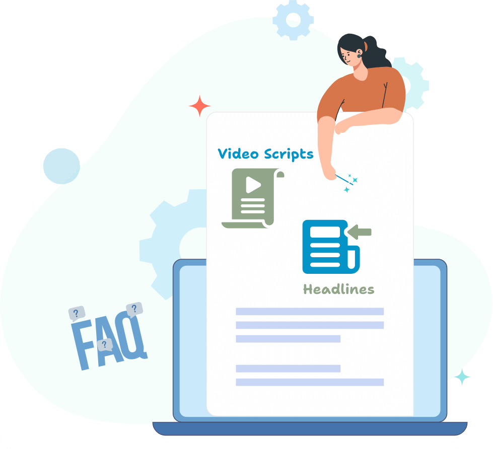 Illustration showing a person creating campaign assets on a laptop with icons for video scripts, headlines, and FAQs. Text reads “Generate Campaign Assets – Coming Soon” with features like AI-generated copy, storytelling, video scripts, FAQs, media kits, and platform-optimized messaging for Kickstarter and Indiegogo.