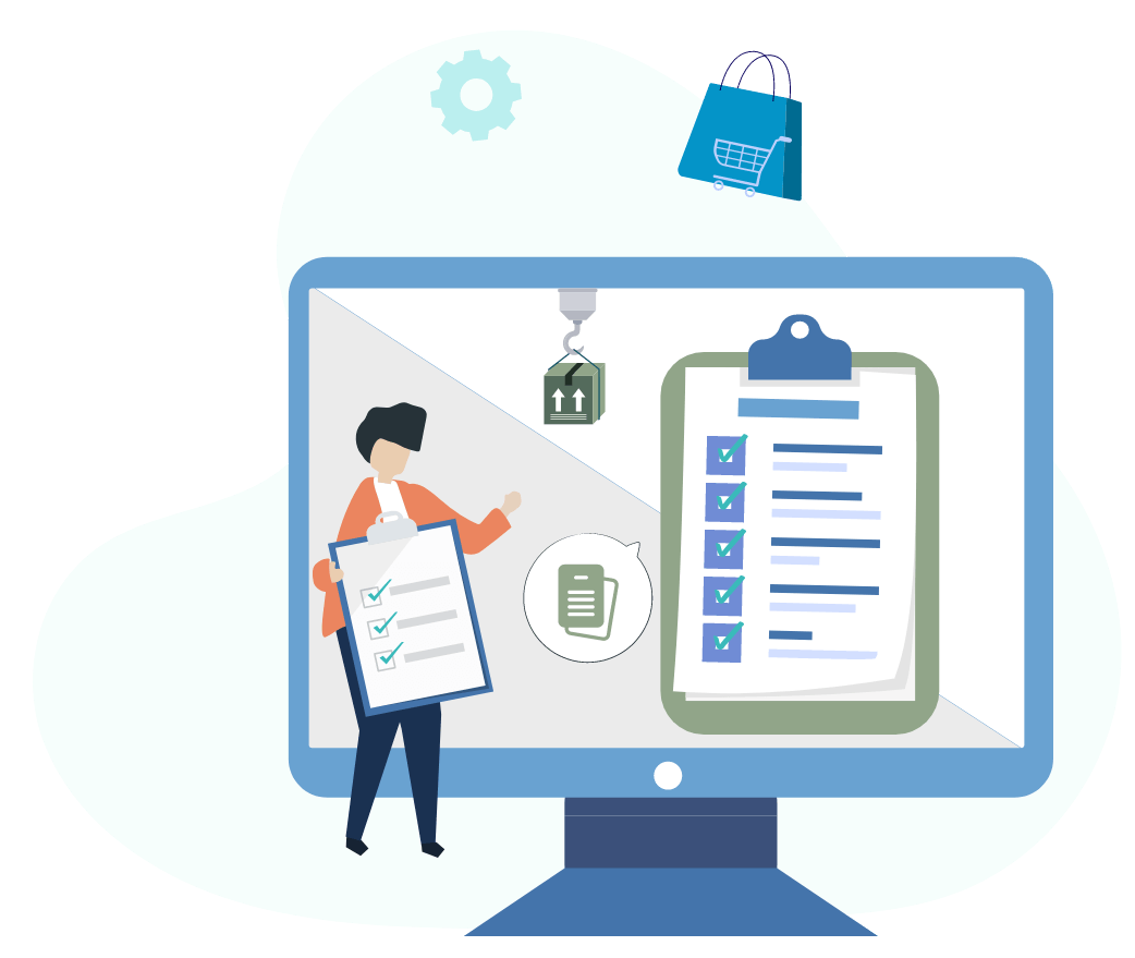Illustration showing a person holding a checklist beside a computer screen displaying logistics and fulfillment icons. Text reads “Post-Campaign Fulfillment – Coming Soon” with features including backer survey generator, logistics and fulfillment planning, and e-commerce handoff pack.