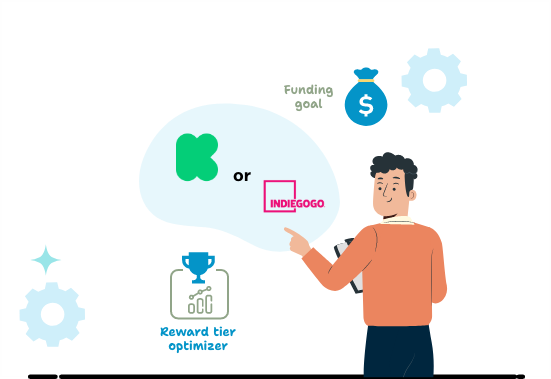 Illustration showing a person planning a crowdfunding campaign with icons for “Funding goal” and “Reward tier optimizer.” Text beside the image reads “Plan Your Campaign – Coming Soon” with listed features including AI funding goal calculator, reward tier optimizer, campaign roadmap generator, and probability modeling and sensitivity analysis.